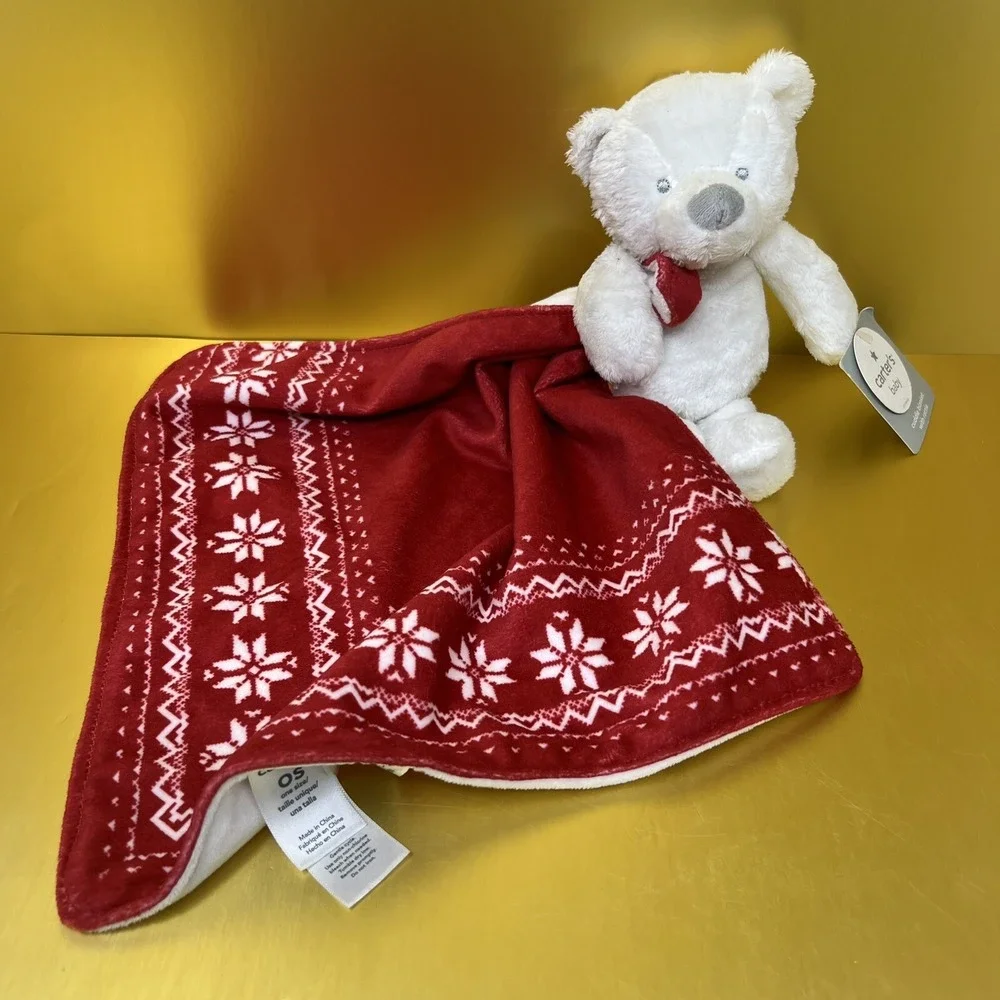 Carters Security Blanket Plush Baby Lovey Rattle white Bear w/ Red blanket 10x11
